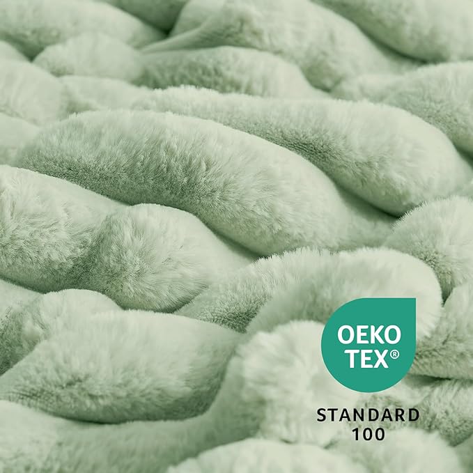 Amélie Home Faux Fur Throw Blanket for Couch, Cozy Fuzzy Fluffy Fur Luxurious Soft Striped Plush Gift Blankets for Family Sofa Chair Bed Living Room Bedroom, 55"x70", Sage Green-Ruum Studio Home