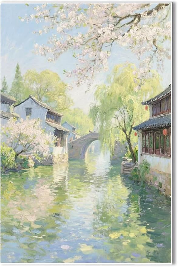 Small bridge stream house Jiangnan style landscape poster suitable for living room bedroom office natural oil painting poster-Ruum Studio Home