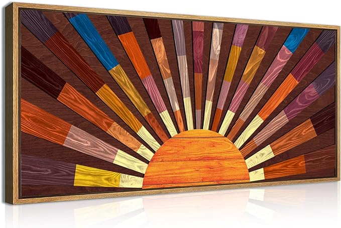 IARTTOP Extra Large Boho Sun Wood Wall Art for Living Room Wooden 3D Framed Abstract Sun Rising on the Horizon Geometric Wall Decor Mid century Sunshine Artwork Home Bedroom Office20 * 40 Inch-Ruum Studio Home