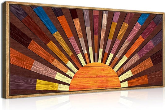 IARTTOP Extra Large Boho Sun Wood Wall Art for Living Room Wooden 3D Framed Abstract Sun Rising on the Horizon Geometric Wall Decor Mid century Sunshine Artwork Home Bedroom Office20 * 40 Inch-Ruum Studio Home
