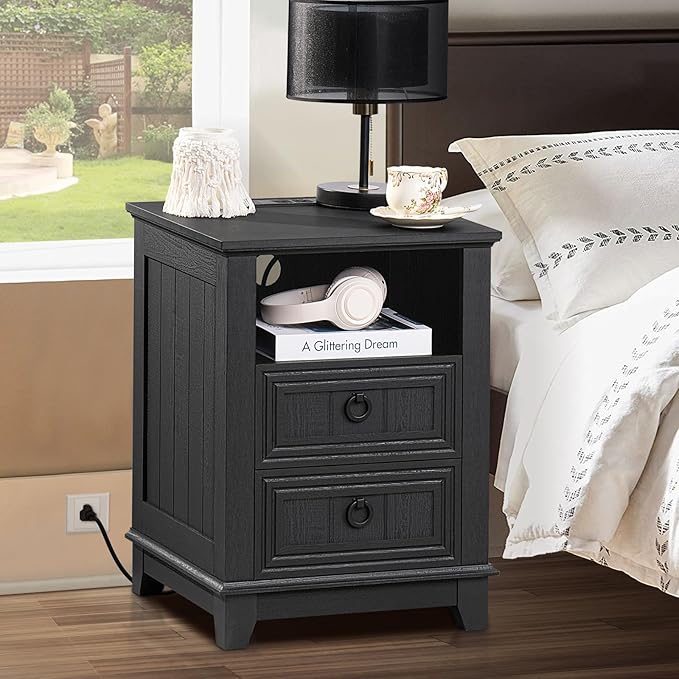 18" Farmhouse Night Stand with Charging Station, 2 Drawers End Table Dresser for Bedroom, Black Wooden Nightstand, Bed Side Table with Open Shelf, Bedside Cabinet for Living Room, Closet-Ruum Studio Home