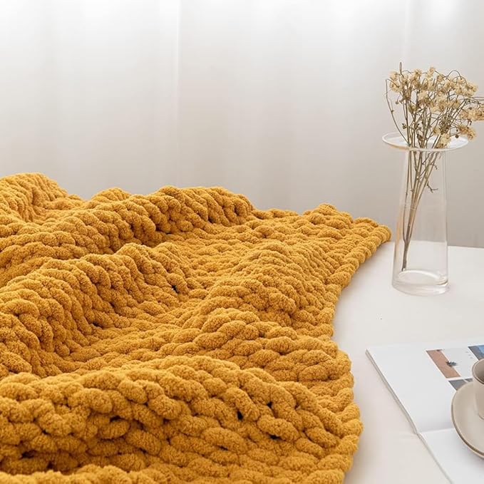 Chunky Knit Blanket Throw 40"×40", Hand Knitted Warm Chenille Throw Blanket, Home Decor Soft Thick Yarn Cable Knit Blanket,Soft Breathable Fleece Banket Christmas for Couch Bed Sofa Best Gift (Yellow)-Ruum Studio Home