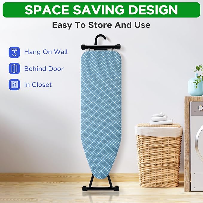 Compact Ironing Board 13 x 43, Iron Board with Heat Resistant Surface, Adjustable Height, Space Saving Table with Hook & Iron Rest for Home & Laundry Room, Diagonal Checkered Blue-Ruum Studio Home