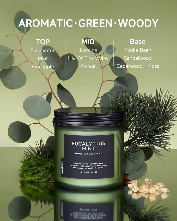 M&SENSE Eucalyptus & Mint Soy Candles for Home Scented, 11.6oz 70 Hour Burn Aromatherapy Candle Gift for Stress Relief, Meditation, Yoga, Relaxing SPA, Reusable Jar for Men and Women-Ruum Studio Home