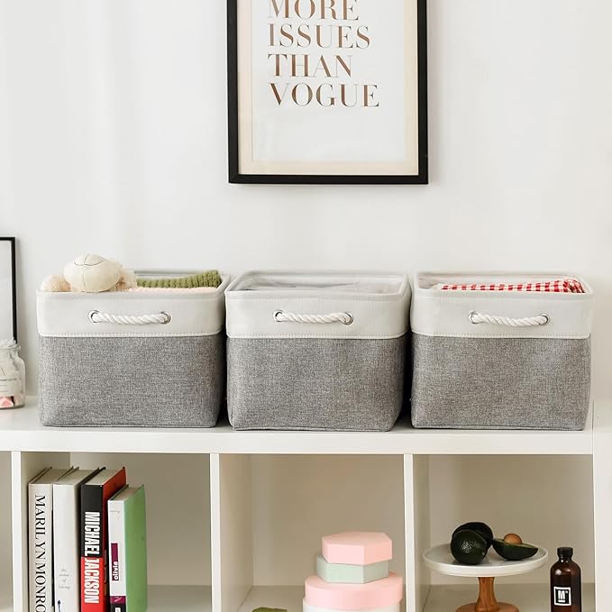 TheWarmHome Storage Baskets for Organizing, X Large - 3 Pack 17.7L×13.8W×9.8H in Foldable Storage Bins for Shelves, Fabric Storage Box for Closet Nursery Toy Gift (White & Grey)-Ruum Studio Home