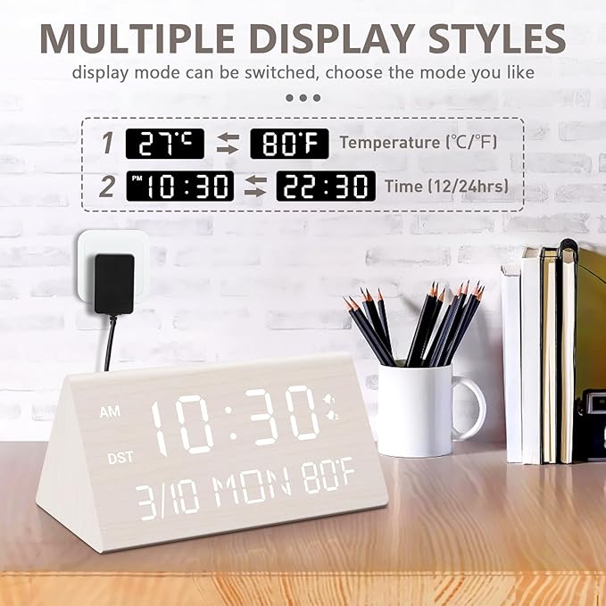 Kogonee Wooden Digital Alarm Clock, 0-100% Dimmer, 2 Alarm Settings, Weekday/Everyday Mode, 9 Mins Snooze, 12/24H, Temperature and Date Display for Office, Travel, Bedroom Alarm Clock (White)-Ruum Studio Home