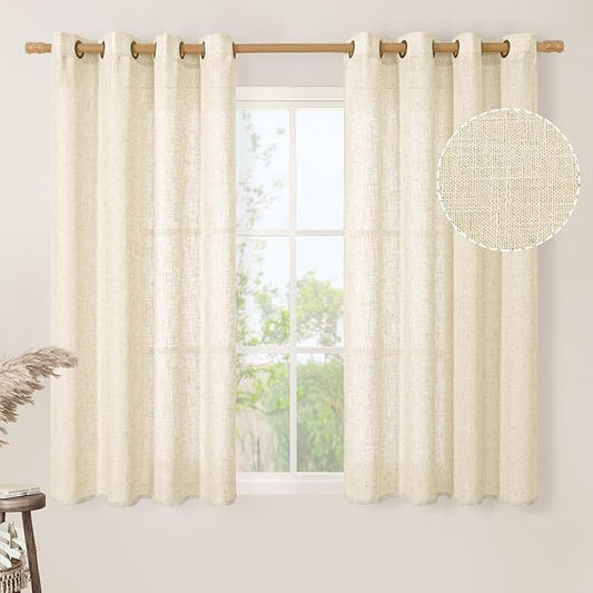 LAMIT 45 Inch Length Linen Curtains for Bedroom, Light Filtering Semi Sheer Neutral Short Decorative Window Drapes with Bronze Grommet for Kitchen,2 Panels Set, 52 X 45 Inch, Beige-Ruum Studio Home