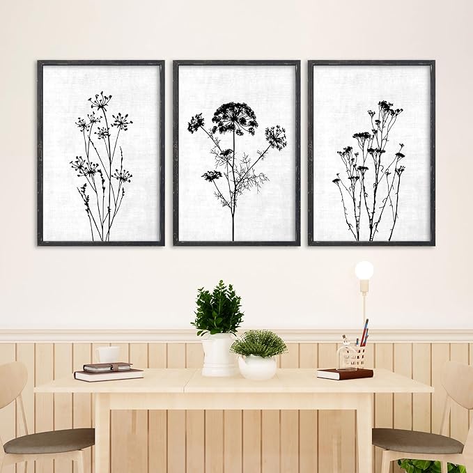 Flower Plant Wall Art Decor 16"x11" Set of 3 Black And White Botanical Painting Wood Framed For Minimalist Bedroom Office Rustic Living Room Abstract Wildflower Sign Hanging (Black)-Ruum Studio Home