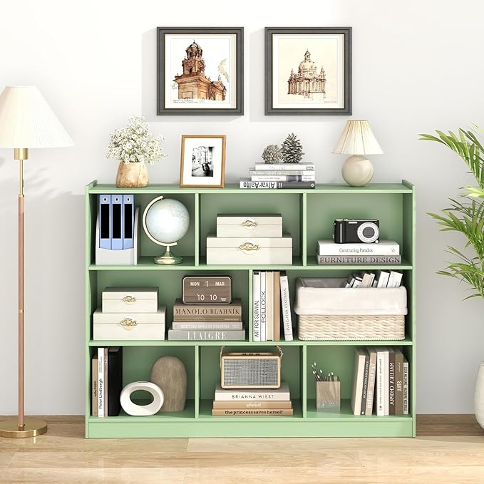 Tangkula 8-Cube Bookcase, Wood 3 Tier Open Storage Bookshelf, Modern Multipurpose Display Cabinet for Living Room, Study, Reading Nook, 48 x 12.5 x 36.5 Inch (Green)-Ruum Studio Home