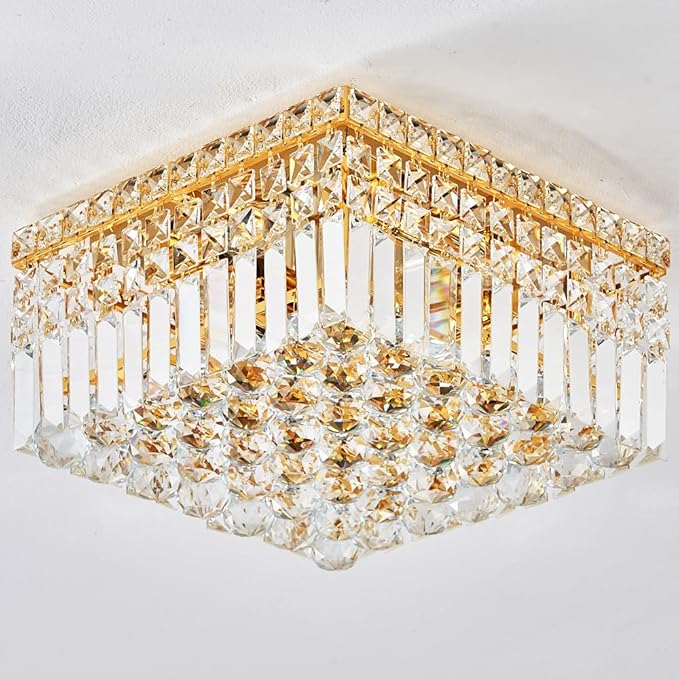 4-Light Gold Crystal Chandeliers Flush Mount Chandelier Light Fixture with K9 Crystals Modern Ceiling Lights Elegant Square Lamp for Bedroom,Hallway,Bar,Living Room,Dining Room,H5.9 xW13.7-Ruum Studio Home
