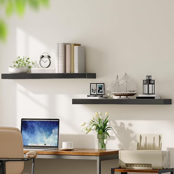 HOOBRO Floating Shelves for Wall, Wall Mounted Shelf Set of 2, 31.5" Hanging Shelf with Invisible Brackets, for Wall in Bathroom, Bedroom, Toilet, Kitchen, Living Room, Office, Black BK80BJP201-Ruum Studio Home