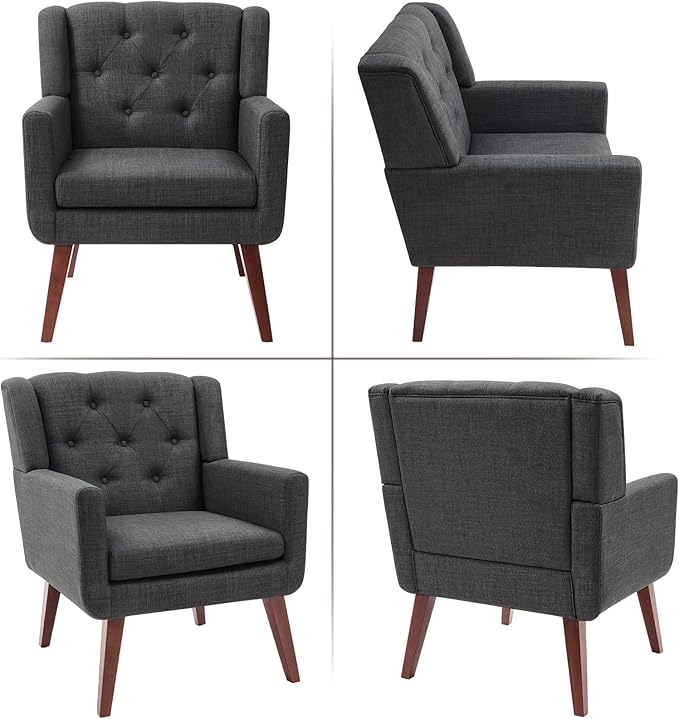 Accent Chair Button-Tufted Upholstered Living Room Chairs Comfy Reading Chair Mid Century Modern Chair with Linen Fabric Lounge Arm Chairs for Living Room Bedroom (Grey Set of 2)-Ruum Studio Home