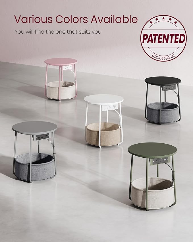 VASAGLE Side Table with Charging Station, Round End Table with Fabric Basket, Nightstand with Power Outlets, USB Ports, for Living Room, Bedroom, Modern, Jelly Pink and Cream White ULET228R01-Ruum Studio Home