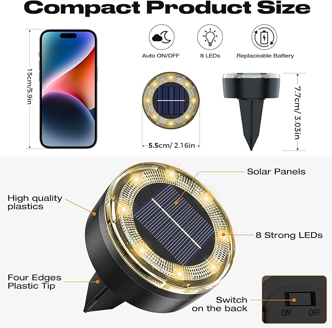 Mini Outdoor Solar Lights，8 Pack Solar Garden Light for Outside IP65 Waterproof, 8 LED Disc Landscape Lighting for Garden Yard Driveway Walkway Poolside Deck Lawn Patio，Warm White-Ruum Studio Home