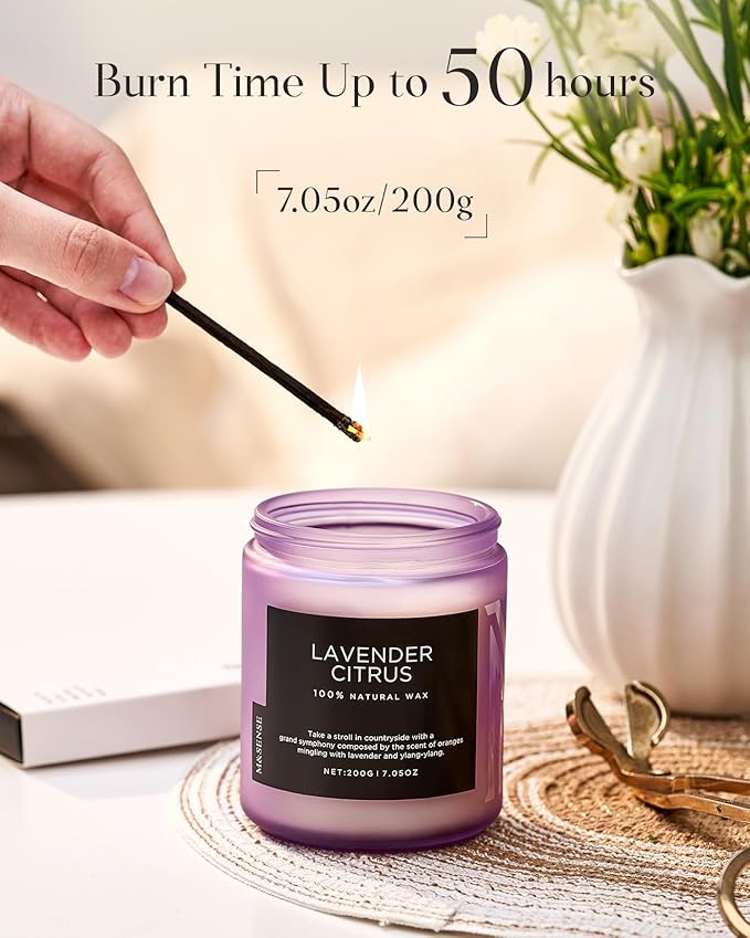 M&SENSE Lavender Citrus Scented Candle, Natural Soy Wax for Home Scented, Stress Relief 7.05oz 50H Burn Time Aromatherapy Candle Gift for Mom Friends Teacher & Spa Bath Yoga-Ruum Studio Home