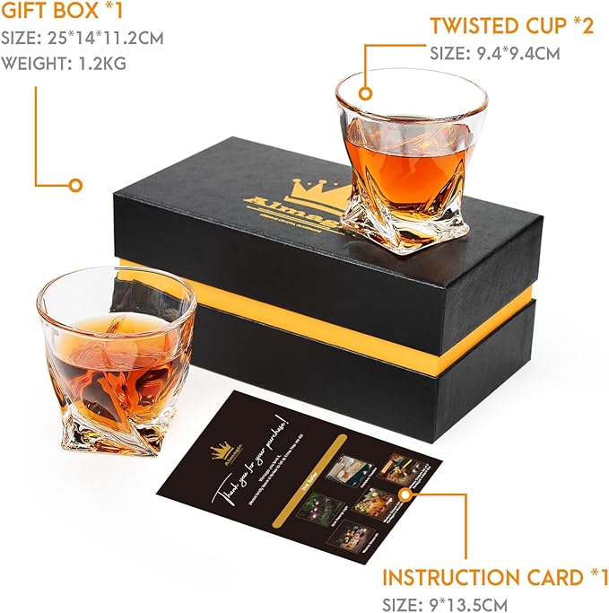 Crystal Whiskey Glasses Set of 2 (11 Oz), Old Fashioned Glass Packaged in Sturdy Gift Box, Unique Gifts for Men, Twisted Style Bourbon Glass Cocktail Glasses, Dad Gifts for Birthday-Ruum Studio Home