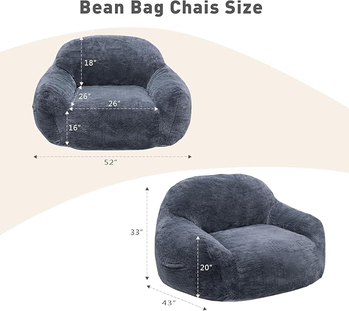Giant Bean Bag Chair, Oversized Bean Bag Chairs for Adults and Kids, Gaming Chair Stuffed Memory Foam | Storage | Non-Slip, Removable Bean Bag Sofa Comfy Chair for Bedroom, Livingroom (Grey)-Ruum Studio Home