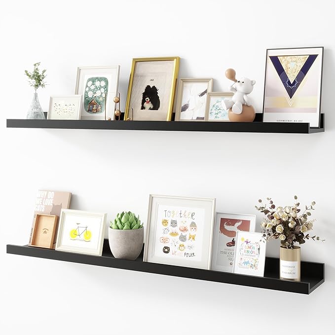 Picture Ledge Shelf, Wood Floating Shelves Set of 2, 36 inch Picture Ledge Shelves, Photo Ledge Nursery Book Shelves Wall Mounted for Living Room Kids' Room Bedroom, Color Black-Ruum Studio Home