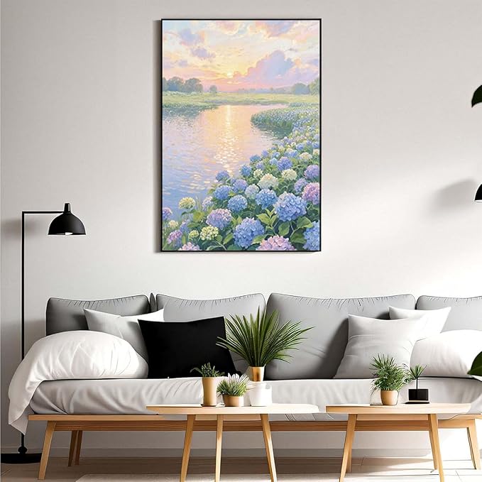The hydrangea scenery all over the lake at sunset is suitable for posting in the living room bedroom office landscape poster wall painting-Ruum Studio Home