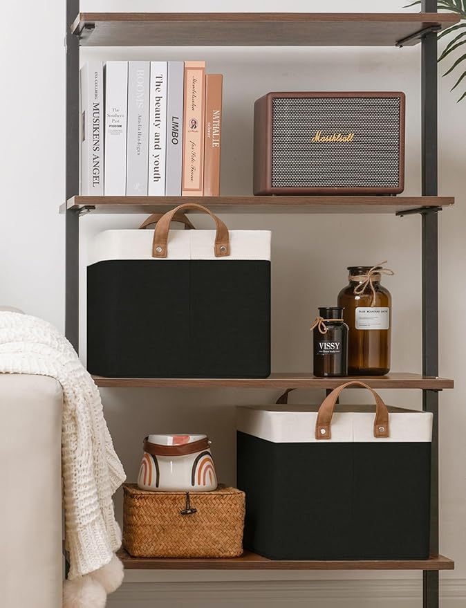StorageWorks Storage Bins, Fabric Storage Bins for Shelves, Large Storage Baskets with Metal Frame, Closet Baskets and Bins with Handles, Black and White, 2-Pack-Ruum Studio Home