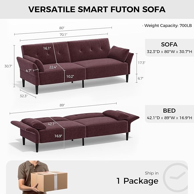 89” Futon Sofa Bed, Velvet Fabric Comfy Futon Couch Bed with 2 Square Pillows, Convertible Sleeper Sofa with Adjustable Backrest& Armrests, Modern Loveseat Sleeper for Living Room, Burgundy-Ruum Studio Home