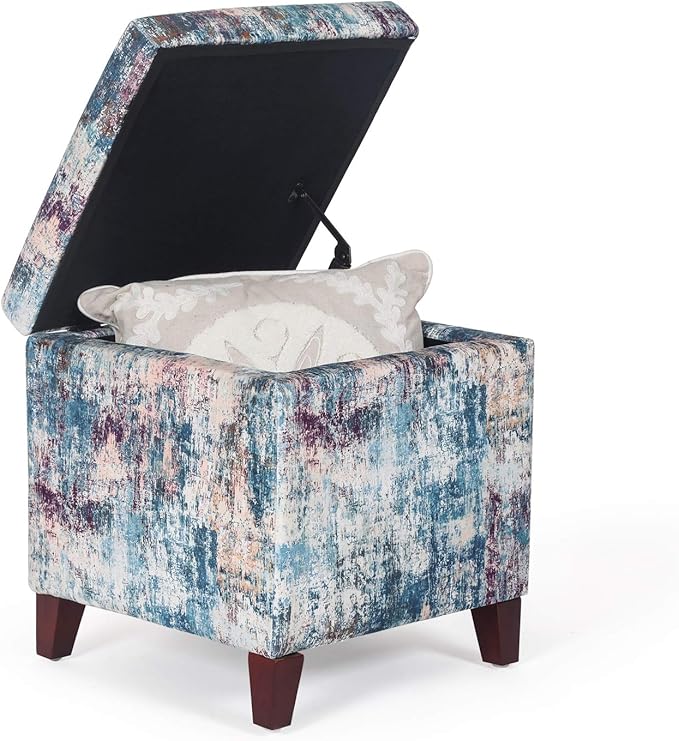 Adeco 18 Inch High Cube Ottoman Storage, Linen Chair Foot Stools, Upholstered Vanity Stool with Hinged Lid, Solid Wood Legs-Ruum Studio Home