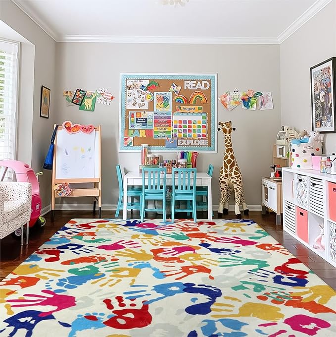 STARUIA Large Kids Rug for Playroom, 8'x10' Handprints and Footprints Colorful Rug for Classroom, Non-Slip Washable Rugs for Nursery, Soft Throw Carpet Indoor Playmat for Kids Room Dorm Bedroom-Ruum Studio Home