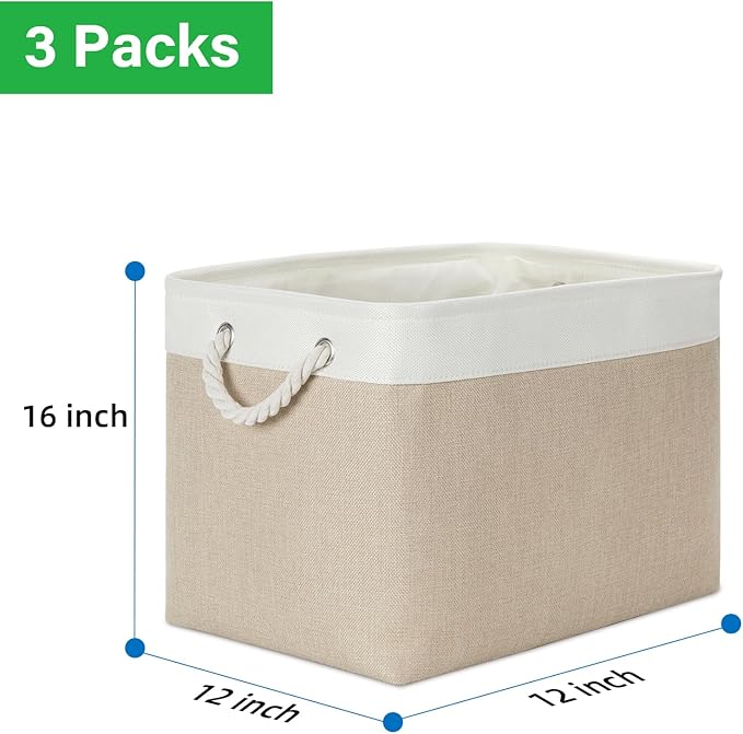 Bidtakay Large Storage Baskets for Organizing Fabric Closet Organizers Storage Bins with Handles 3-Pack 16x11.8x11.8 Inch Collapsible Baskets for Shelves Clothes Home Organization L-White&Beige-Ruum Studio Home