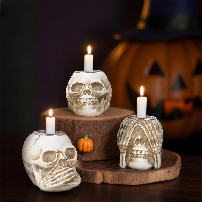 Halloween Skull Candle Holder, Skeleton Head Candlestick Holders Table Decor Centerpiece Candlesticks, Resin Horrible Spooky Creepy Crafts for Flameless Candle Halloween Christmas Home Party, Set of 3-Ruum Studio Home
