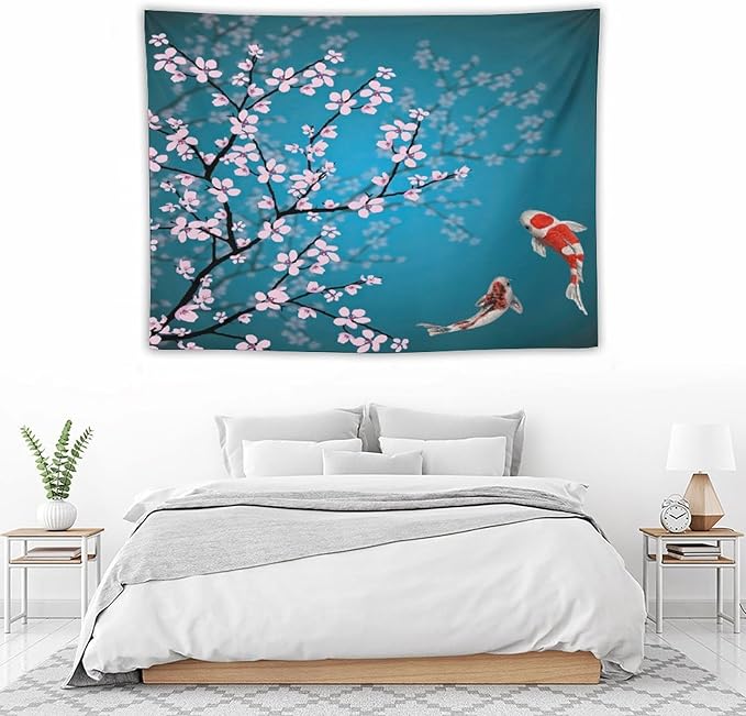 Japanese Koi Fish Tapestry, Cherry Blossoms Asian Oriental Green Teal Flower Branch Koi Fish Carp Tapestries Wall Hanging for Bedroom Living Room Office Decor 40"x30"-Ruum Studio Home