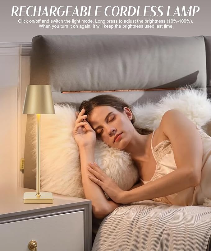HASUN 2 Pack Rechargeable Table Lamp, LED Cordless Desk Lamp, 5200mAh Battery Operated Table Light, Aluminum Shell, 3 Color Stepless Dimming Up Waterproof for Coffee Table/Indoor/Outdoor (Gold)-Ruum Studio Home