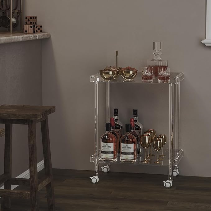 HMYHUM Acrylic Bar Cart, Rolling Serving Cart with 4 Lockable Wheels for The Home Bar, Kitchen, Living Room, Modern, 2-Tier, 23.6" L x 15" W x 30" H, Clear-Ruum Studio Home