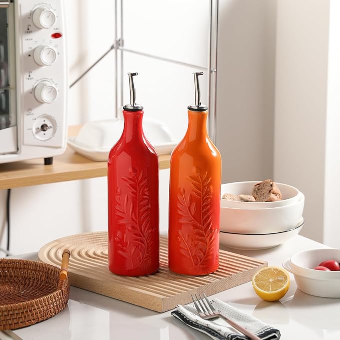 Sweejar Large Olive Oil Dispenser Bottle with Spout, 24 Oz Ceramic Oil Dispenser for Kitchen, Relief Opaque Cruet, Container for Cooking, EVOO, Vinegar, Pack of 1 (Red)-Ruum Studio Home