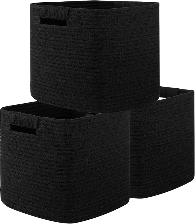 OIAHOMY Storage Cubes 11 Inch Storage Bins-3-Pack, Cotton Rope Woven Baskets for Organizing, Square Storage Baskets for Shelves Organizer, Classroom, Kids Toy Bins, Closet, Baby Nursery-Black-Ruum Studio Home