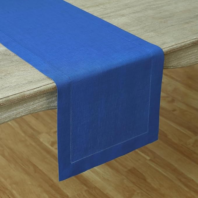 Solino Home Linen Royal Blue Table Runner 156 Inches Long - 100% Pure Linen Extra Long Table Runner 14 x 156 Inch - Classic Hemstitch-Ruum Studio Home