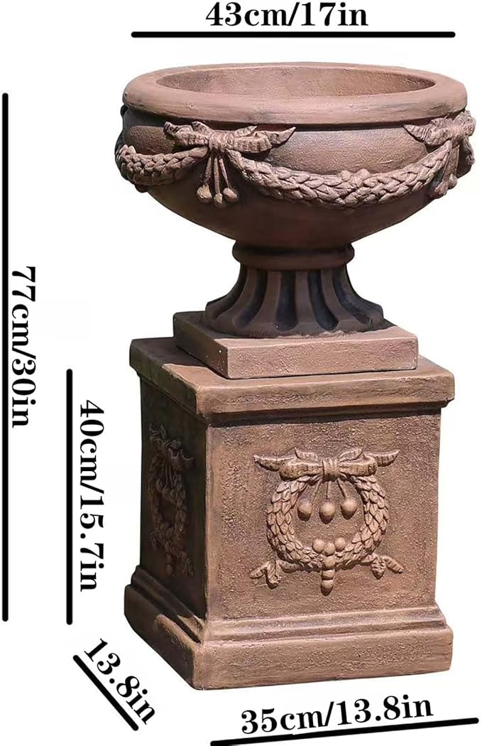 Vintage Garden Urn Planter with Pedestal, Cement and Fiber, Maked Bronze Color, Decorative Leaf Pattern, 30 Inch Height, Wrap Foam Safely Delivered from Local Warehouse (Bronze)-Ruum Studio Home