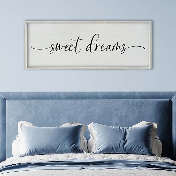 SRSZHIYUE Sweet Dreams Above Bed Wall Decor, 40"x15" Large Rustic Master Bedroom Over Bed Sign Guest Room Couples Wood Framed Farmhouse Horizontal Hanging Decoration (White)-Ruum Studio Home
