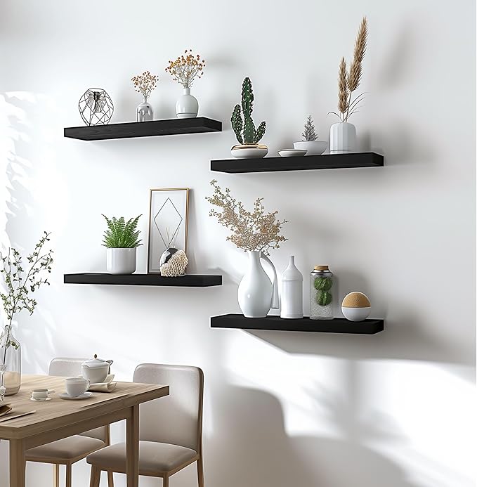 Wood Floating Shelves for Wall Decor, Rustic Wall Shelves for Bedroom Bathroom Kitchen Living Room, Set of 6 Black-Ruum Studio Home