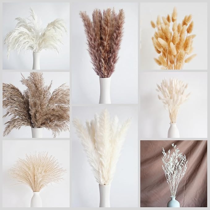 128 PCS Dried Pampas Grass Bouquet, Boho Table Decor, Bunny Tails Dried Flowers, Brown Pampas, White Pampas Grass for Weddings, Home Decor, Rustic Parties, and Baby Shower Decorations-Ruum Studio Home