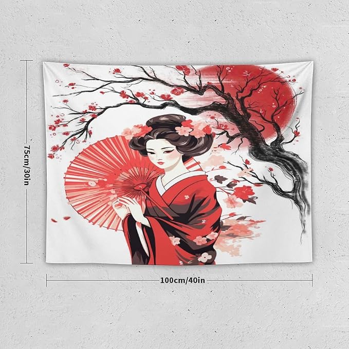 Japanese Red Geisha Tapestry Asian Cherry Blossom Traditional Kimono Folk Tapestries Home Decor for Living Room Bedroom Apartment Farmhouse Dorm 40"x30"-Ruum Studio Home