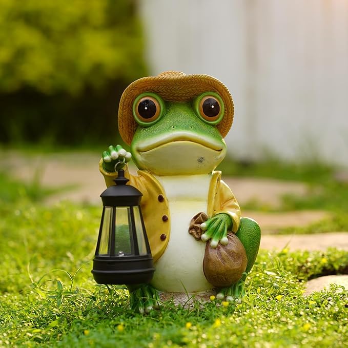 Solar Garden Outdoor Frog Statue 10 inches Tall - with Handheld Lanterns - Detachable - Patio, Balcony, Shelf, Tabletop, Lawn Decoration - Unique Housewarming, Birthday, Thanksgiving, Mom Gifts-Ruum Studio Home