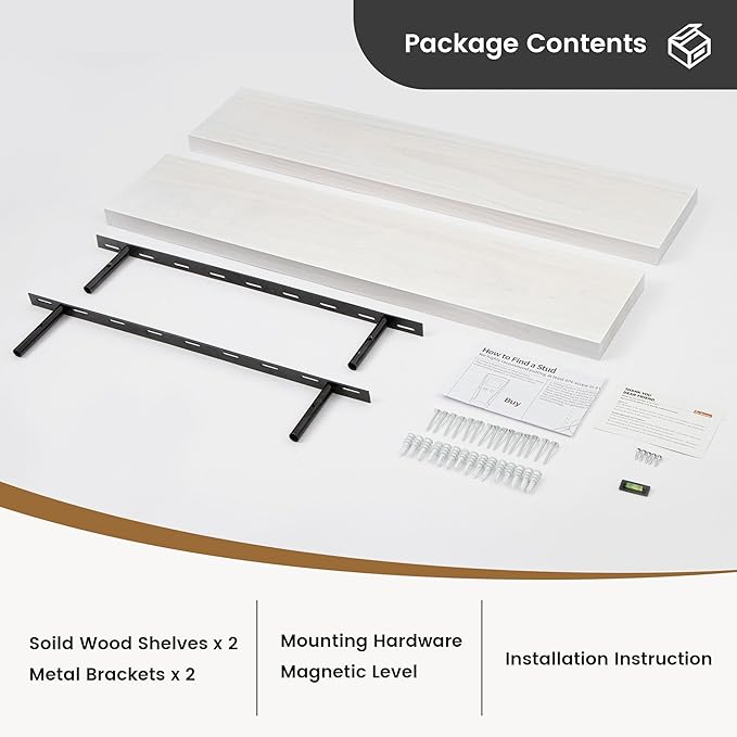 Floating Shelves 36 Inches Long - 8 Inch Deep Rustic Premium Solid Pine Wood for Storage - Farmhouse Wall Mounted for Living Room - Heavy-Duty Metal Bracket - 36" W x 8" D - Set of 2 - White Color-Ruum Studio Home