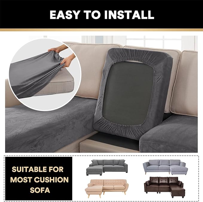 PrinceDeco Sectional Couch Covers 3 Pieces Velvet Sofa Covers L Shape Soft Couch Covers for Sectional Sofa Corner Sofa Cover Couch Cover for Dogs Washable (2 Seater + 1 Chaise,Grey)-Ruum Studio Home