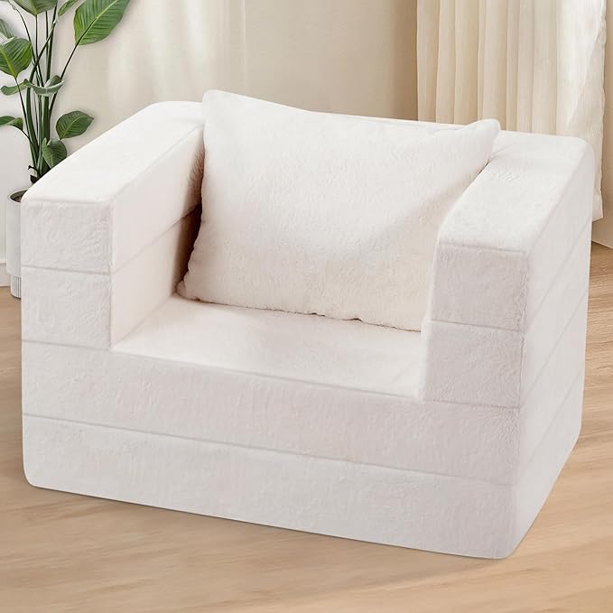 Folding Bean Bag Chair for Adults,3-in-1 Bean Bag Couch Faux Fur Floor Sofa Large Beanbag Convertible Bean Bag Sofa Bed with Pillow in Bedroom,Living Room,Apartment(Twin,Milky White)-Ruum Studio Home