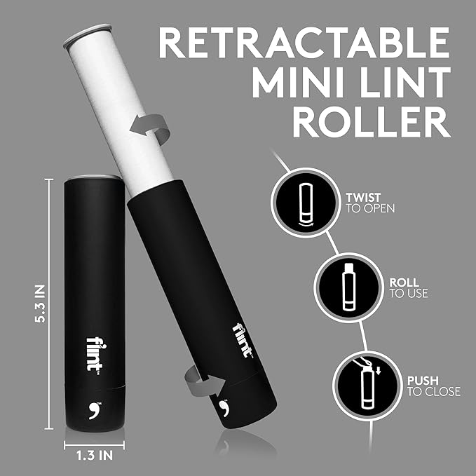 Flint Classic Black Retractable Mini Lint Roller with 90 Extra Sticky Sheets, Small and Portable Lint Roller, Ideal Pet Hair Remover, Travel Lint Rollers for pet Hair Extra Sticky-Ruum Studio Home