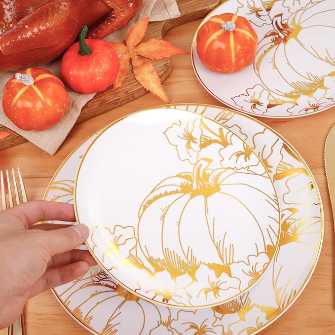 FLOWERCAT 60PCS Thanksgiving Plates & Gold Pumpkin Plates - Including 30PCS 10.25inch Thanksgiving Dinner Plates and 30PCS 7.5inch Thanksgiving Dessert Plates for Giving Thanks Theme Party-Ruum Studio Home