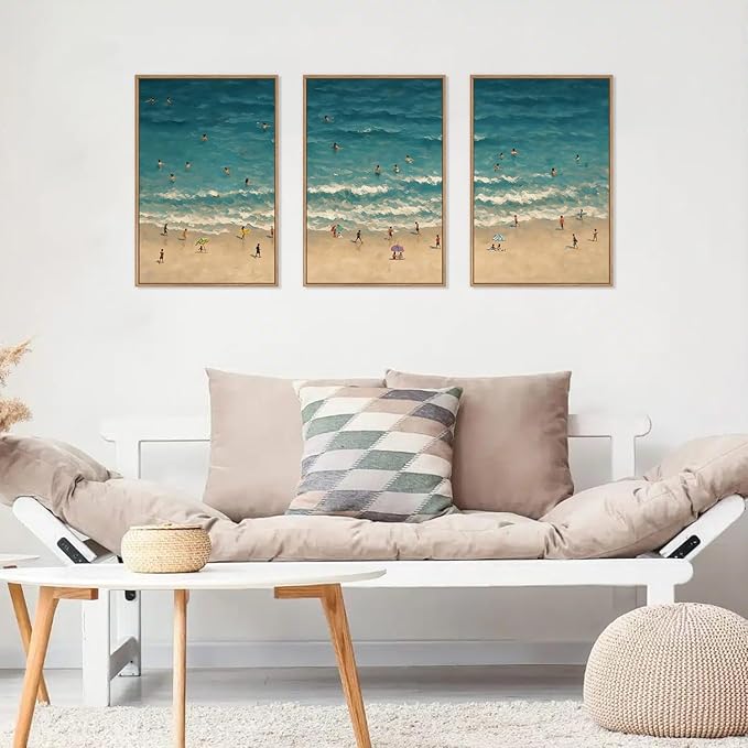 HLNIUC Summer Beach Canvas Wall Art,Modern Minimalist Coastal Landscape Wall Decor Set of 3(16”x24”) Blue Abstract Ocean Wall Painting, Summer Swimming in the Sea Art Print for Living Room,Bathroom-Ruum Studio Home