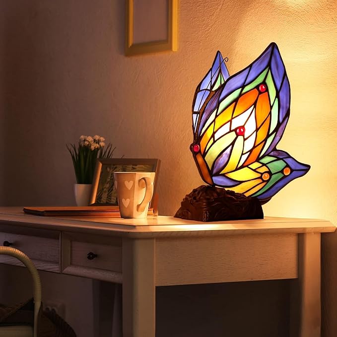 Tiffany Butterfly Table Lamp, 9'' Tall Vintage Stained Glass Lamp, Fairy Reading Night Light for Bedroom Living Room, 1 LED Bulb Included-Ruum Studio Home