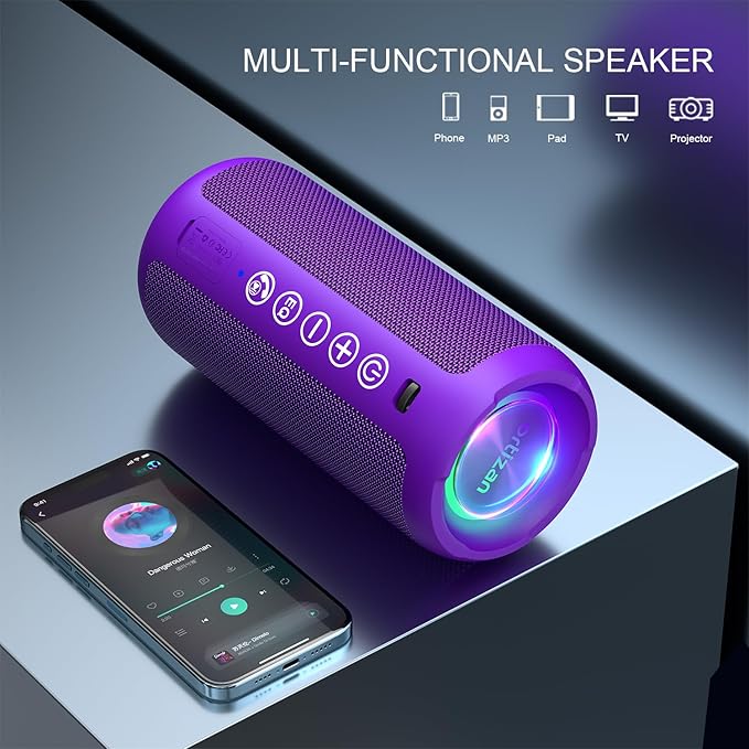 Ortizan Portable Bluetooth Speaker: IPX7 Waterproof, 24W Loud Sound, Deep Bass, Bluetooth 5.3, LED Lights, Wireless Stereo Pairing, 30H Playtime, for Home/Outdoor/Party/Beach, Birthday Gift (Purple)-Ruum Studio Home