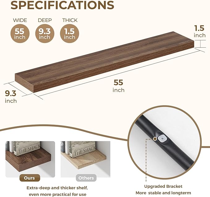 Dreamland 55 Inches Floating Shelves for Wall, 9.3" Deep Long Floating Shelves Set of 1, Large Display & Storage Shelf, Wall Shelf for Bathroom Bedroom Living Room Kitchen Office, Walnut-Ruum Studio Home